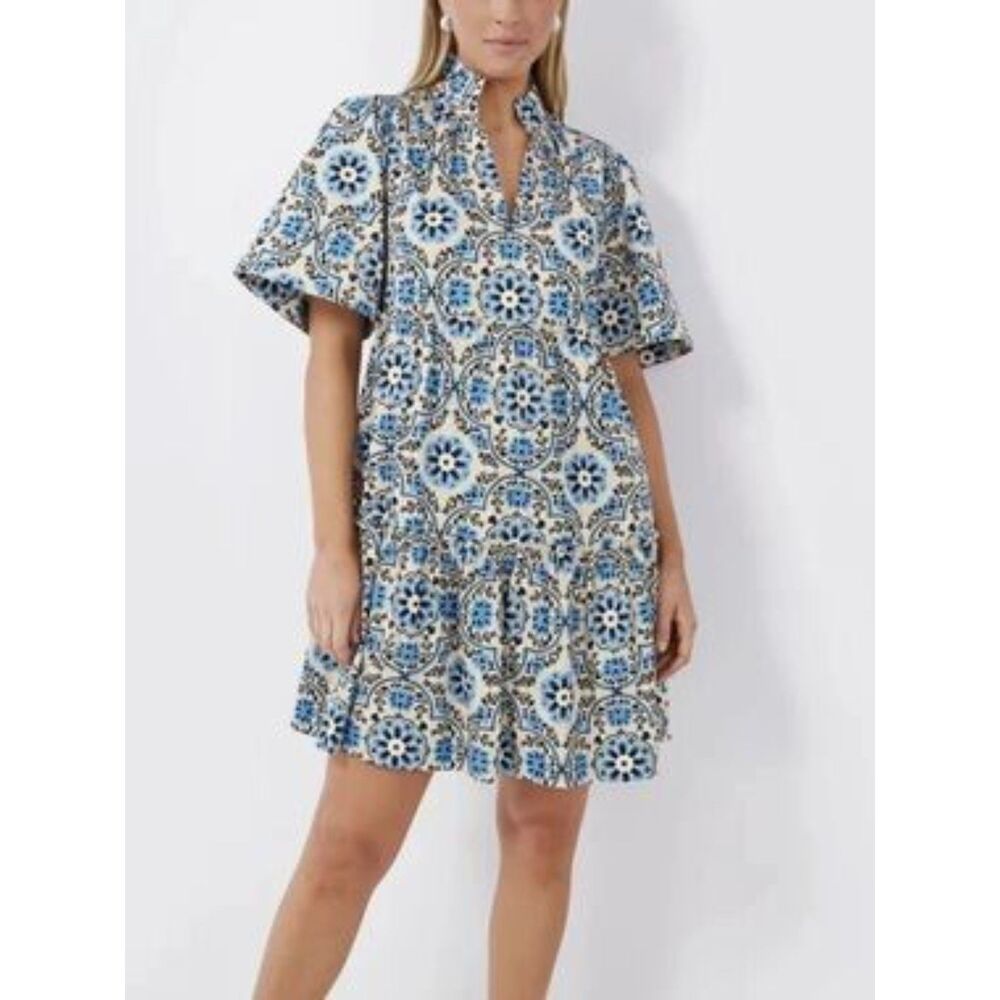 Tuckernuck Golden Medallion Split Neck Crawford Mini Dress Size Large Blue Multi